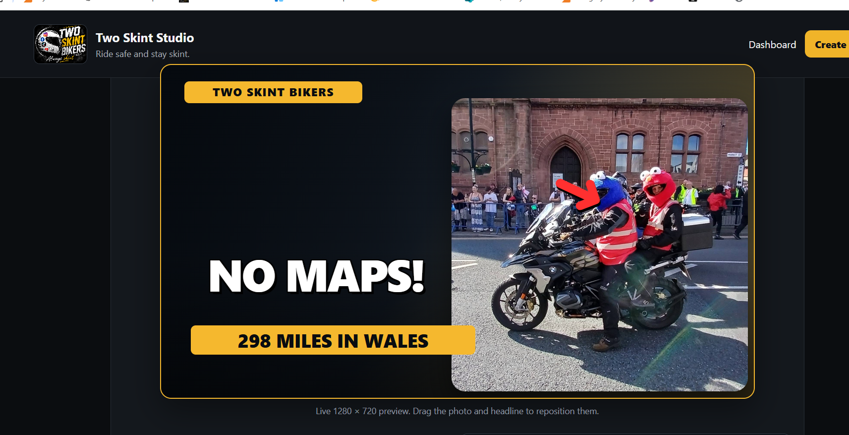 Two Skint Studio thumbnail builder showing a Two Skint Bikers YouTube thumbnail